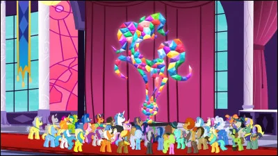 De quelle couleur est la pierre précieuse de Canterlot sur la statue de l'amitié ?