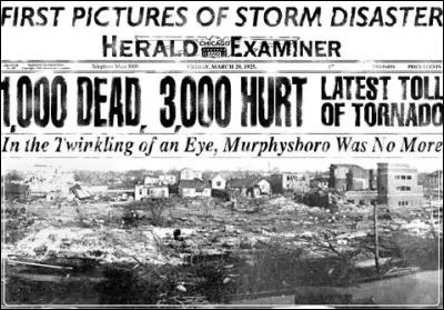 La tornade la plus meurtrière fut la "Tornade des trois États" en 1925. Elle a parcouru 378 km depuis le Missouri jusqu'à l'Indiana. Quel est le 3e État qui en fut victime et qu'elle a traversé ?