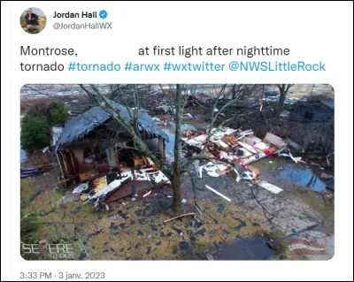 Toujours le 3 janvier, la tornade est responsable de plusieurs maisons détruites dans le village de Montrose, dans un État dont la capitale est Little Rock. Lequel ?