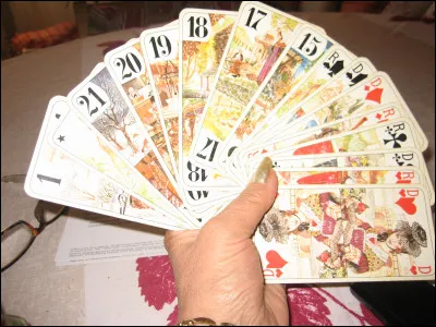 J'ai eu une passion pour le jeu ! Rassurez-vous, ni le poker ni les casinos ! Depuis toujours, je suis une fan du tarot ! J'ai 18 cartes en jeu suite à la donne. Il manque 2 cartes sur la photo, supposons que ce soient deux petites cartes de pique. Que puis-je annoncer ?