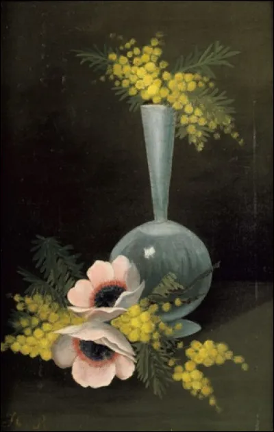 Qui est l'auteur de cette toile intitulée "Vase de fleurs, mimosas et deux anémones" ?