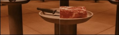 Sur une table devant toi, il y a deux paniers, contenant, l'un un morceau de fromage et l'autre un couteau. Une voix t'ordonne de choisir. Que fais-tu ?