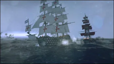 Le bateau aux voiles noires des pirates se situe à ba-bord du bateau aux voiles blanches.
Nous tenons compte de l'avancée des vaisseaux, pas de notre point de vue face à la photo !