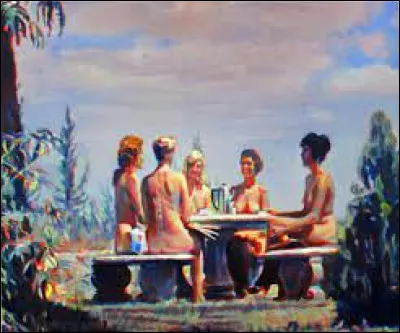 Nina Childress a peint ce déjeuner solaire, lequel peut par la tenue ou plutôt l'absence de tenue des convives, faire penser au film... ?