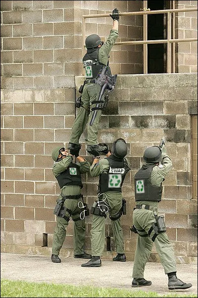 Alors, complimentons, et tout d'abord cette brigade : Leur uniforme est recyclé mais pas l'équipement ! Que remarquez-vous de particulier, par rapport aux "SWAT" habituels ? [...et expliquez le mot entre guillemets !]