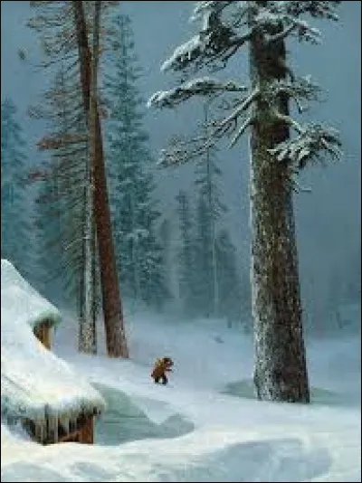 Encore Albert Bierstadt pour ce paysage d'hiver (il s'agit de l'hiver en Californie) avec un homme seul, qui semble sorti du film... ?