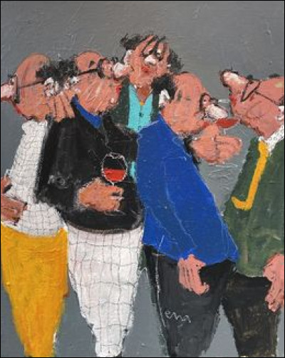 Ce tableau est joliment titré "Les pionpions", il est de l'artiste Béatrice Terra. Ces hommes joyeux qui dégustent du vin ensemble semblent sortis du film... ?