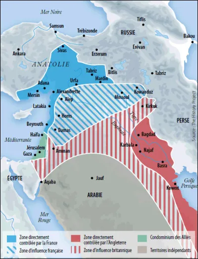Accords Sykes Picot sur le Moyen Orient, partageant les territoires de l'empire ottoman entre les influences anglaise et française :