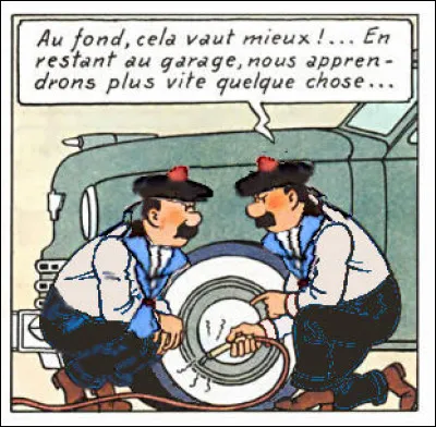 "Au Pays de l'Or Noir" > Que complotent nos deux détectives, devenus mécaniciens, affublés de tenues fort peu orthodoxes pour ce métier ?
