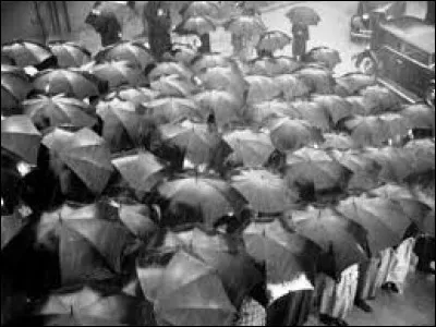 Hitchcock sait parfaitement composer l'image pour donner la sensation de risque, de menace, de stupeur et d'étouffement, ici par des dizaines de parapluies noirs ouverts sous la pluie