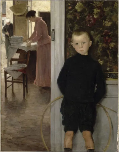 Ce tableau nous faisant pénétrer dans un intérieur nous présente, à gauche, une femme ; à droite, l'enfant qui regarde le peintre, peut-on supposer.
L'artiste est le Parisien ... peintre et graveur de son état.