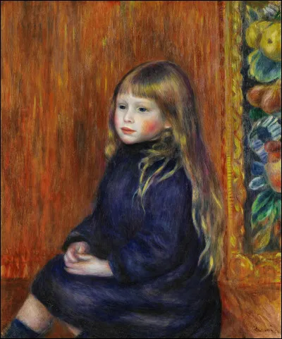 Voici un adorable enfant à la longue et blonde chevelure. La pose nous paraît fort sérieuse et le regard se fixe vaguement sur un horizon lointain. 
C'est un tableau de Renoir, mais qui est représenté ?