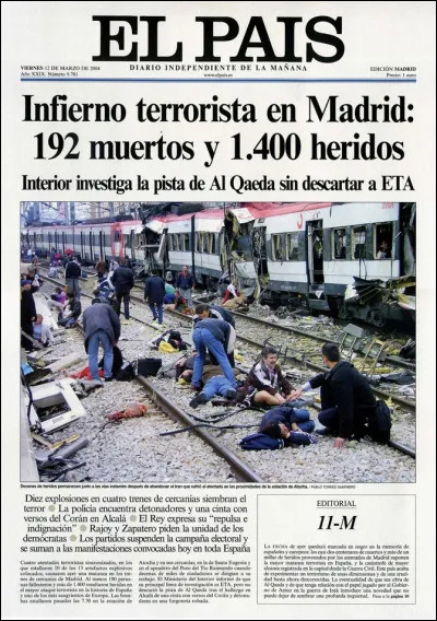 Attentats de Madrid causés par des terroriste islamistes : plusieurs bombes explosent dans des trains de banlieue, faisant 192 morts près de 2000 blessés :
