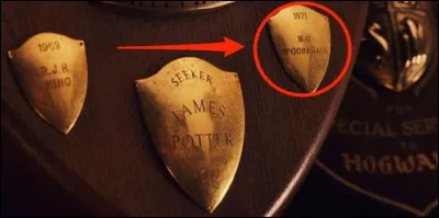 Dans le premier film, si on regarde attentivement le trophée de Quidditch, on peut apercevoir le nom d'un professeur de Poudlard. Quel professeur peut-on apercevoir ?