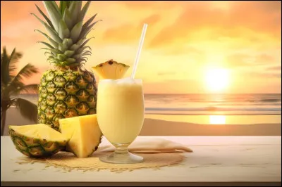 Pour vous récompenser d'avoir joué mon quiz, je vous offre, sur un fond de soleil couchant, une piña colada ! Outre la noix de coco, quel fruit est indispensable à ce cocktail tropical typiquement antillais ?
