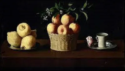 Vers 1633, quel baroque espagnol a peint cette nature morte intitulée ''Plats avec citrons, panier avec oranges et tasse avec rose'' ?