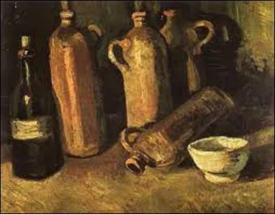 Peint en 1884, quel postimpressionniste a réalisé ce tableau nommé ''Nature morte aux quatre bouteilles en pierre, flacon et tasse blanche'' ?