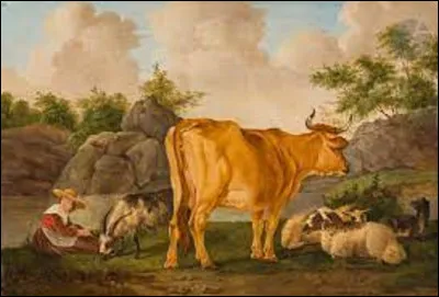 R&eacute;alis&eacute; sur un panneau de ch&ecirc;ne, quel artiste a ex&eacute;cut&eacute; cette peinture intitul&eacute;e ''Une Berg&egrave;re avec une ch&egrave;vre, des moutons et une vache'' ?