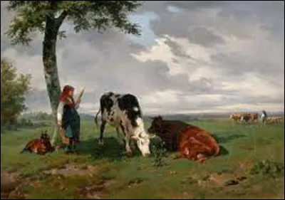 Entre 1842 et 1845, quel naturaliste a immortalis&eacute; cette sc&egrave;ne nomm&eacute;e ''Berg&egrave;re et deux vaches dans un pr&eacute;'' ?