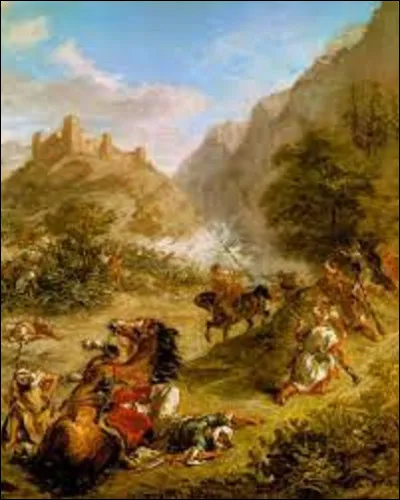 Datant de 1863, quel romantique a immortalisé cette scène intitulée ''Arabes, escarmouches dans les montagnes'' ?