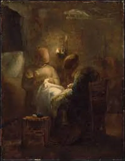 Entre 1853 et 1854, quel membre de l'école de Barbizon a réalisé cette huile sur panneau nommée ''Femme cousant sous la lampe (La Veillée)'' ?