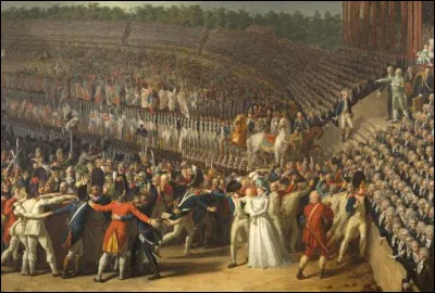 14 juillet 1790, pour célébrer la prise de la Bastille on organise la fête de la fédération. Le roi Louis XVI y prête serment à la Nation et à la loi. Talleyrand officie pour la messe entouré de 300 prêtres. 100.000 personnes assistent à cet évènement sur des talus érigés pour l'occasion. On est...
