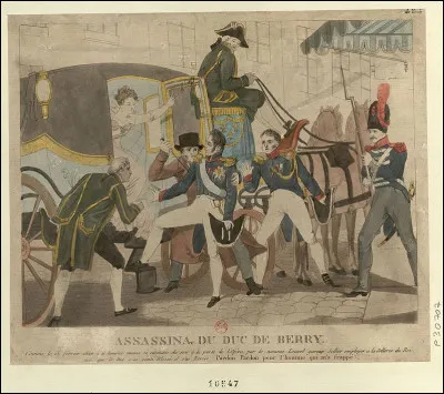 13 février 1820, c'est la promenade du bœuf gras du carnaval de Paris. Le bonapartiste Louvel y assiste puis se rend devant l'opéra rue de Richelieu. Le duc de Berry raccompagne son épouse à son fiacre. Louvel l'assassine ! Charles-Ferdinand d'Artois, pur Bourbon de sang est de la famille du roi Louis XVIII. C'est son...