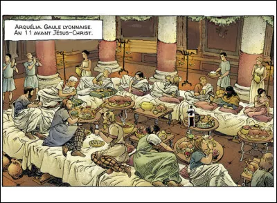 Alix est couché à table, selon la (nouvelle) coutume dans la Gaule romaine d'alors. Tout se passe-t-il comme il se doit ? À votre avis...