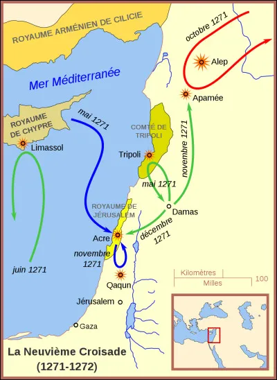 Pendant ce temps, Édouard, prince héritier d'Angleterre, décida de se croiser et de rejoindre Louis IX à Tunis. Lorsqu'il arriva, Louis IX était mort et la huitième croisade était terminée.
Il décida donc de se rendre en Terre sainte avec un millier d’hommes.
Que fit Baybars lorsqu'il entendit l'arrivée de la neuvième croisade ?