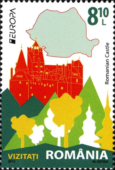 La Roumanie > On voit clairement sur ce timbre qu'il y aurait au moins un château à voir en ce pays... Mais que signifie le terme "VISITAȚI", en bas à gauche ?