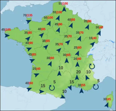 Voici une carte des prévisions pour jeudi 2 novembre au matin. Amateurs de très grands vents, vers quel cap devriez-vous aller* ?
