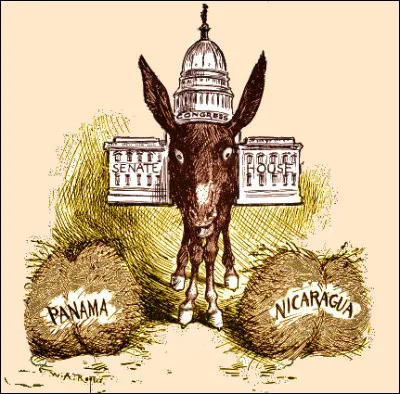 Grosse hésitation pour l'âne de Buridan dans cette caricature du début du siècle dernier ! Quel projet est en jeu ?