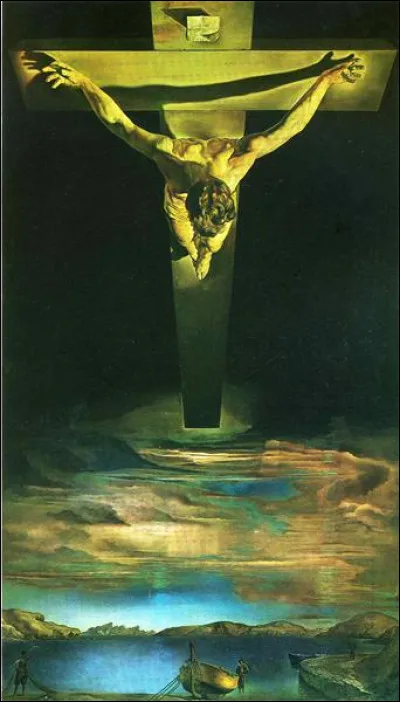 Cette peinture représente le Christ crucifié, mais avec une approche artistique unique. En effet, il flotte dans un ciel sombre, entouré de nuages et de rayons de lumière. Son corps est stylisé et parfaitement proportionné, créant une image à la fois mystique et surréaliste. Quel est le titre de cette peinture ?