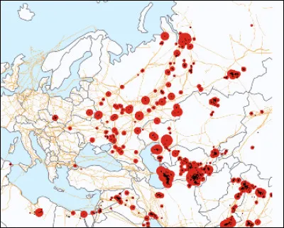 Carte des fuites de méthane (2) > En voyageant vers l'est - ça, c'est vous qui voyez ! - on y rencontre alors de très mauvais élèves, notamment aux abords de la mer ...