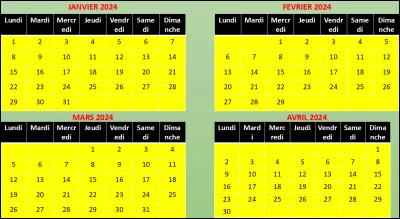 Le calendrier sur l'image va de janvier 2024 à avril 2024. Cependant, ce calendrier n'est pas le vrai car une erreur s'y est glissée. À quel mois est cette erreur ?