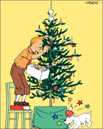 Tintin prépare le sapin de Noël avec son ami :