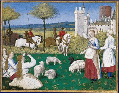 Et nous retrouvons Sainte Marguerite, filant assidûment et bien sagement, tout en gardant ses moutons*... Mais quel olibrius vient bien importunément tenter de la distraire ?