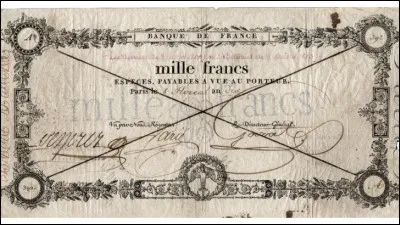 En ce qui concerne les billets de banque, de nombreux essais, la plupart du temps désastreux, furent tentés pour les introduire, finalement les deux premiers "vrais" billets de banque de 500 francs et 1000 francs virent enfin le jour, mais à quelle date ?