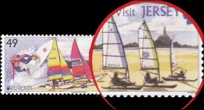 Jersey... et toujours pas de tricot ! Quel est ce sport de plein vent auquel s'adonnent les trois personnages, à droite sur le timbre (utilement passés à la loupe) ?