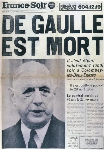 Ce 9 novembre, le général de Gaulle meurt à son domicile de Colombey : c'était en ...