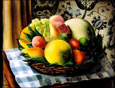 Quel artiste réputé pour ses lignes pures, a peint cette "Nature morte aux fruits et à la nappe à carreaux bleus" ?