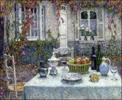 Qui a immortalisé cette "Petite table, paysage et pot de fruits" ?