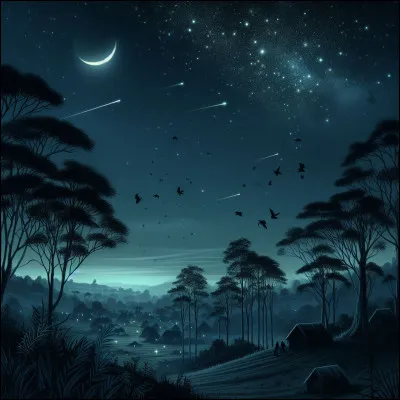 La nuit tomba, et les étoiles [...] dans le ciel obscur, accompagnant le chant des grillons.