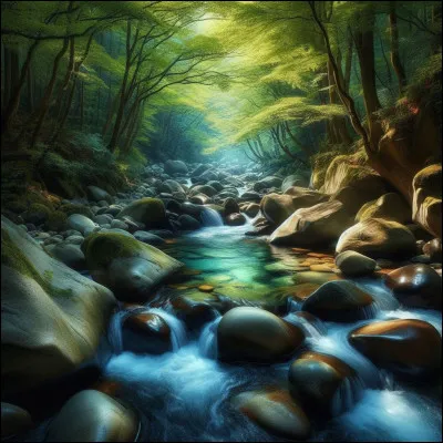 Le ruisseau murmurait doucement en [...] entre les rochers polis par l'eau.