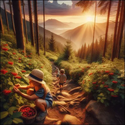 Les enfants, émerveillés, cueillaient des baies juteuses le long du [...] sinueux.