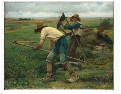 1851-1910- Très prisé aux États-Unis, Julien Dupré, peintre français naturaliste se fait connaître en observant et en peignant la vie des paysans de Picardie. Cette huile de 1880 "Les Faucheurs de luzerne" a été acceptée comme leg par l'État français en 1889. Où peut-on admirer aujourd'hui à Paris, ce chef-d'uvre, prémices de la tendance impressionnisme.