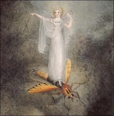 Aquarelle, plume et encre noire d'une artiste s'inspirant du folklore de l'île de Man : Amelia Jane Murray.
Comment s'intitule le sujet ?