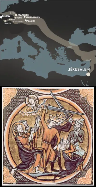 1095 - Début de la 1e croisade > Sur le chemin de Jérusalem, des foules de ''croisés'' - souvent démunis, parfois affamés - passent par des villes où les communautés juives... [Complétez !]