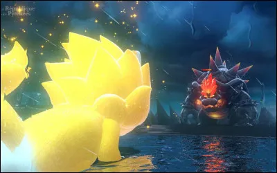 De quelle couleur est la crète de Bowser en furie, lors du combat avec les 100 astres félins ?