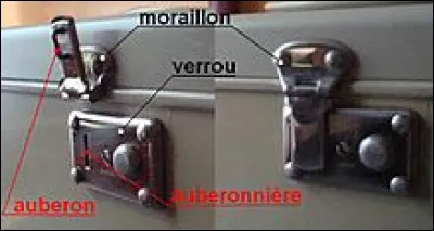 Comment s'appelle une sorte de verrou horizontal à longue tige pourvu d'une serrure percée d'une ouverture dénommée auberonnière dans laquelle se place en saillie l'auberon, lui-même placé à l'extrémité du moraillon ou tige plate rabattable fixée perpendiculairement au verrou ?